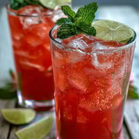 Chilled guava juice with sparkling water and fresh lime in a tall glass, garnished with mint.