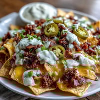 Hearty Loaded Baseball Nachos with Jalapeños and Cheese Sauce, piled high on crispy tortilla chips.