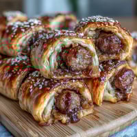 Baseball Game Day Pigs in a Blanket with Mustard Dip: golden puff pastry-wrapped sausages served with tangy mustard dip for game day snacking.