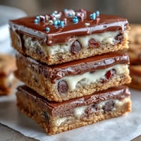 Chewy cookie bars loaded with chocolate chips and colorful candies, drizzled with smooth white chocolate for a festive graduation treat.