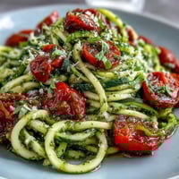 Vibrant zucchini noodles tossed with fresh basil pesto and juicy cherry tomatoes, a healthy and colorful summer meal.  