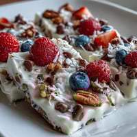 Colorful frozen yogurt bark topped with fresh berries and crunchy granola for a healthy, refreshing snack.  