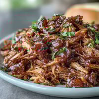 Juicy pulled pork with sweet honey peach BBQ sauce, slow-cooked to tender perfection.  