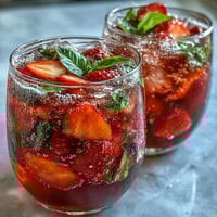 Strawberry Basil Sangria Mocktail in a clear pitcher with vibrant fruit slices and fresh basil leaves, served over ice with sparkling bubbles.