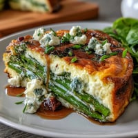 Vibrant spring frittata with asparagus, peas, and goat cheese, baked until golden and fluffy.