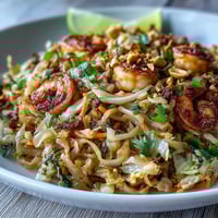 Colorful cabbage Pad Thai with crunchy shredded cabbage, vibrant veggies, and savory-sweet sauce, topped with peanuts and fresh cilantro.