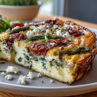 A golden sheet pan frittata filled with spring asparagus, cherry tomatoes, and feta cheese, perfect for Easter brunch.