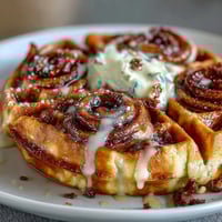 Fluffy waffles swirled with cinnamon-sugar and topped with a rich vanilla cream cheese glaze, perfect for a cozy breakfast or brunch.