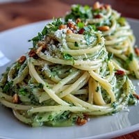 Creamy Avocado Pesto Pasta with vibrant basil, ready to serve.