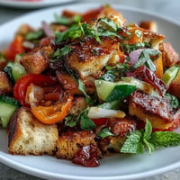 Vibrant Summer Panzanella with grilled bread, juicy tomatoes, and crisp veggies.