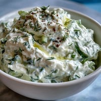 Creamy Greek Skyr Tzatziki with cucumber, garlic, ready for dipping.