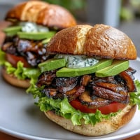 Juicy grilled portobello mushroom burgers topped with creamy avocado, a summer cookout favorite.